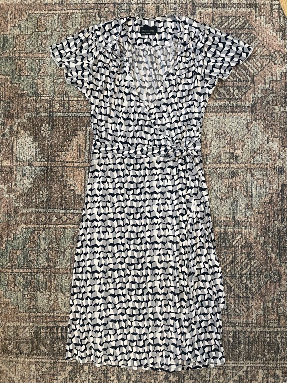 Max & Cleo Geometric Print Wrap Midi Dress Black Gray Size S